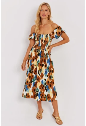 Kadın Camel Gipeli Desenli Midi Elbise MON126