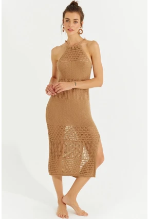 Kadın Camel Halter Yaka Ajurlu Midi Elbise SF2506