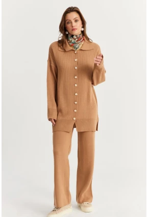 Kadın Camel İnci Düğmeli Hırka Triko Alt Üst Takım NUV26