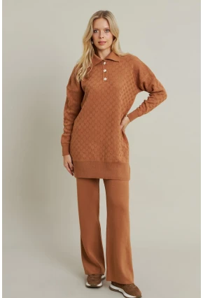 Kadın Camel İnci Düğmeli Triko Alt Üst Takım MNUV33