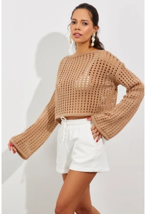 Kadın Camel İspanyol Kol Ajurlu Triko Kısa Bluz SMT181