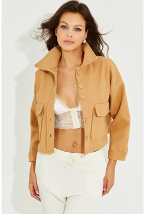 Kadın Camel Kaşe Cepli Kısa Ceket PP2444