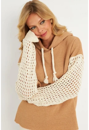 Kadın Camel Kolları Ajurlu Kapüşonlu Sweatshirt YLE12
