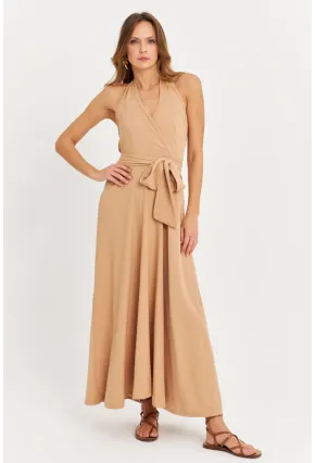 Kadın Camel Kruvaze Bürümcük Maxi Elbise EY3053