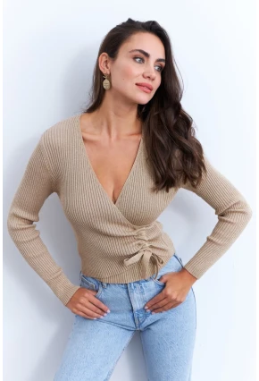 Kadın Camel Kruvaze Büzgülü Simli Bluz KED173