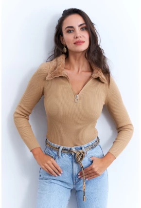 Kadın Camel Kürk Yaka Bluz ELA115
