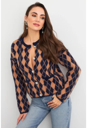 Kadın Camel-Lacivert Düğme Detaylı Hırka ELT12022