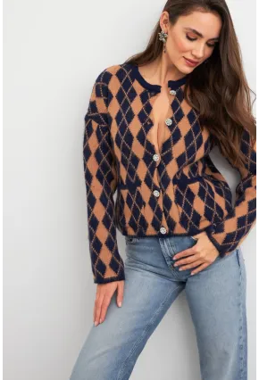 Kadın Camel-Lacivert Düğme Detaylı Hırka ELT12022