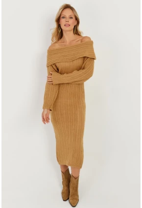 Kadın Camel Madonna Yaka Triko Midi Elbise KZ2503