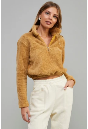 Kadın Camel Önü Fermuarlı Crop Peluş Sweatshirt DA85