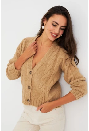Kadın Camel Saç Örgülü Hırka YV295