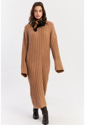 Kadın Camel Saç Örgülü Triko Midi Elbise KZ541