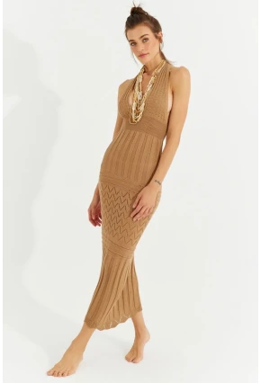 Kadın Camel Sırtı Açık Triko Maxi Elbise SF2505