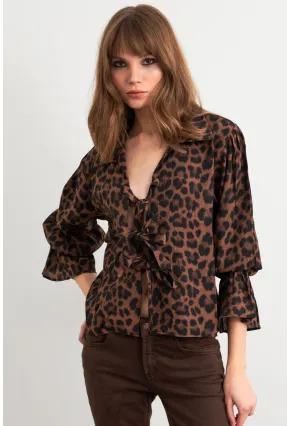 Kadın Camel-Siyah Bağlama Detaylı Leopar Gömlek FS9340