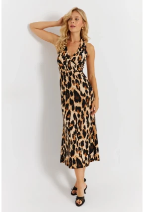 Kadın Camel-Siyah Boyun Bağlamalı Leopar Desenli Midi Elbise EY2897