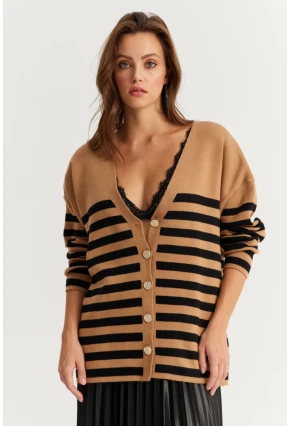 Kadın Camel-Siyah Çizgili Triko Hırka CNG3