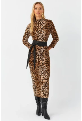 Kadın Camel-Siyah Desenli Midi Elbise MLPP400