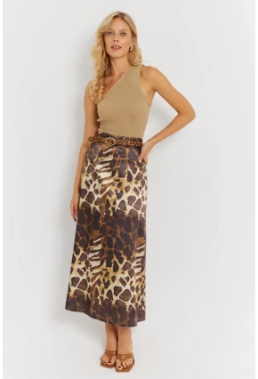 Kadın Camel-Siyah Desenli Saten Etek KED170