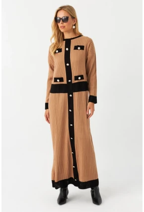 Kadın Camel-Siyah Düğme Detaylı Maxi Elbise MTC3201