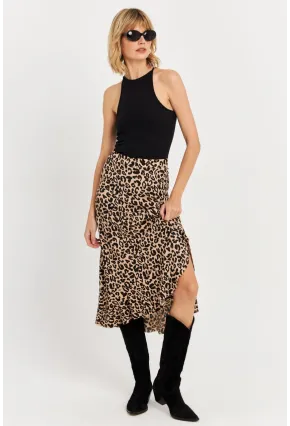 Kadın Camel-Siyah Fırfırlı Asimetrik Leopar Midi Etek LON3011