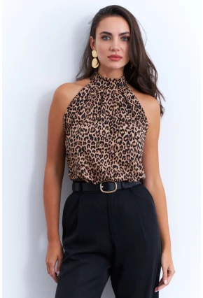 Kadın Camel-Siyah Halter Yaka LeoparDesenli Bluz LPP1273