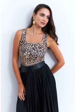 Kadın Camel-Siyah Kare Yaka Leopar Bluz RLO87