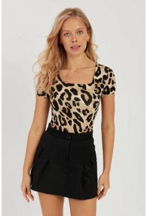 Kadın Camel-Siyah Kare Yaka Leopar Desenli Bluz LPP1258