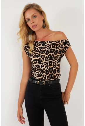 Kadın Camel-Siyah Kayık Yaka Leopar Bluz LPP1288