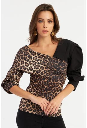 Kadın Camel-Siyah Kruvaze Leopar Bluz LİK8