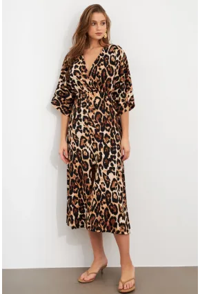 Kadın Camel-Siyah Kruvaze Leopar Midi Elbise KAB306