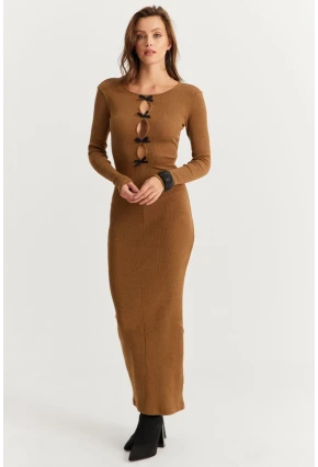 Kadın Camel-Siyah Kurdele Detaylı Kaşkorse Maxi Yılbaşı Elbise XL2043