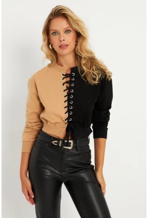 Kadın Camel-Siyah Kuşgözlü Kısa Sweatshirt TF02