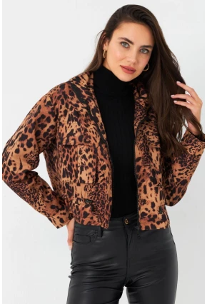 Kadın Camel-Siyah Leopar Crop Ceket ELT1001