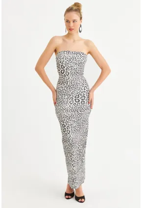 Kadın Camel-Siyah Leopar Desen Straplez Yırtmaçlı Midi Elbise XC005