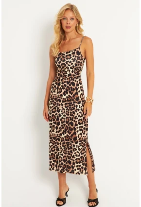 Kadın Camel-Siyah Leopar Desenli Astarlı Midi Elbise HC1540