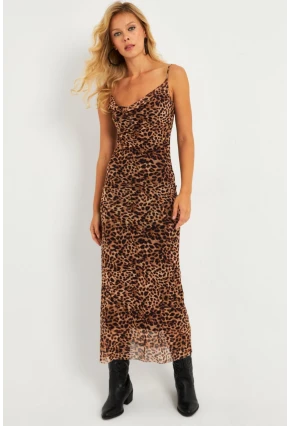 Kadın Camel-Siyah Leopar Desenli Astarlı Midi Yılbaşı Elbise GÇ180