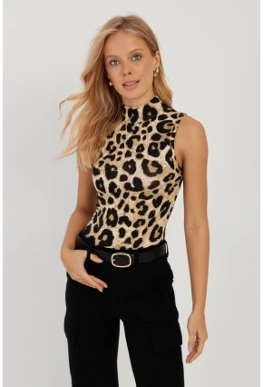 Kadın Camel-Siyah Leopar Desenli Kolsuz Bluz LPP1259