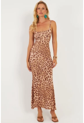 Kadın Camel-Siyah Leopar Desenli Maxi Elbise DMR283-1