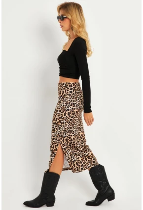 Kadın Camel-Siyah Leopar Desenli Midi Etek YLE21