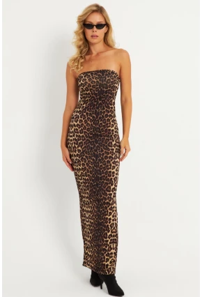 Kadın Camel-Siyah Leopar Desenli Midi Straplez Yılbaşı Elbise XC001