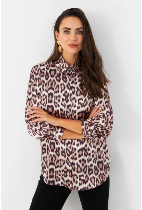 Kadın Camel-Siyah Leopar Desenli Saten Gömlek MRAD5901-1