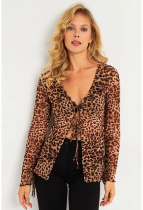 Kadın Camel-Siyah Leopar Desenli Tül  Bluz GÇ175