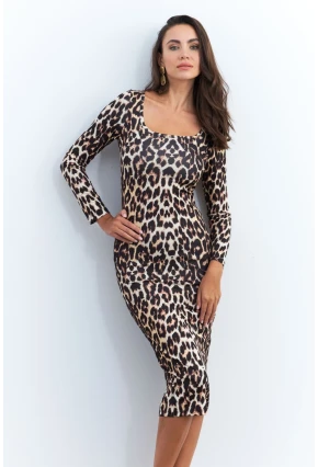 Kadın Camel-Siyah Leopar Midi Elbise RLO78