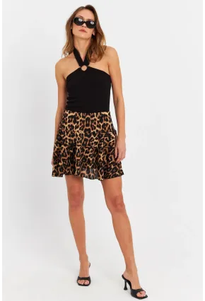 Kadın Camel-Siyah Leopar Mini Etek Q1000