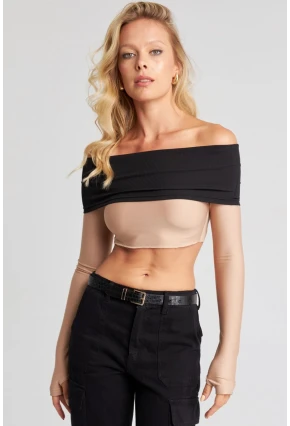 Kadın Camel-Siyah Madonna Crop Bluz CG322