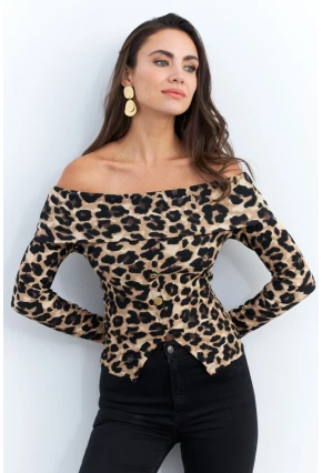 Kadın Camel-Siyah Madonna Yaka Leopar Bluz RLO77