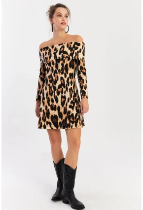 Kadın Camel-Siyah Madonna Yaka Leopar Mini Elbise EY2915