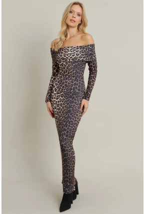 Kadın Camel-Siyah Madonna Yaka Maxi Elbise LİK10