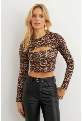 Kadın Camel-Siyah Pencereli Leopar Bluz XL10058