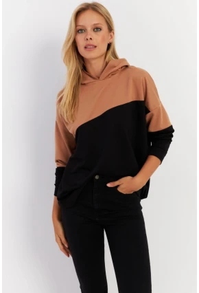 Kadın Camel-Siyah Renk Bloklu Kapüşonlu Sweatshirt DA148
